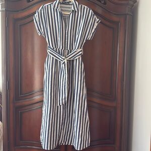Zara White Blue Striped Linen Maxi Dress Belted Pockets Nautical Coastal small